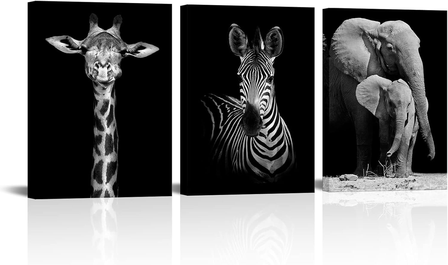 Visual Art Decor Lienzo de vida silvestre africana en blanco y negro, arte de pared con diseño de animal cebra, jirafa, elefante, retrato, póster