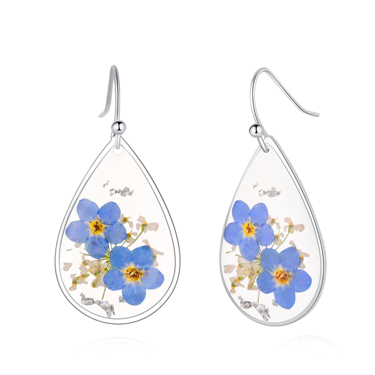 Forget-Me-Not and Queen Anne’s Lace Pressed Wildflower Earrings  Silver Drop Dangle Earrings for Girls  Alaska State Flower Earrings  Personalized
