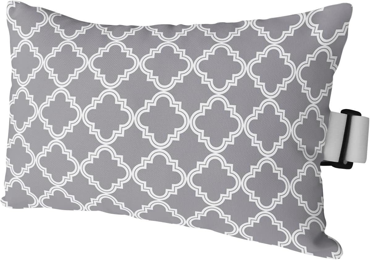 Almohada de exterior para tumbona, diseño marroquí gris, impermeable, para reposacabezas con inserto y correa elástica ajustable para playa,