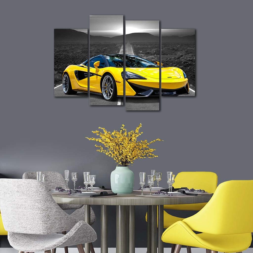 Póster de pared en blanco y negro, 4 piezas de automóvil deportivo amarillo grande, lienzo para habitación de niños, dormitorio, sala de estar,