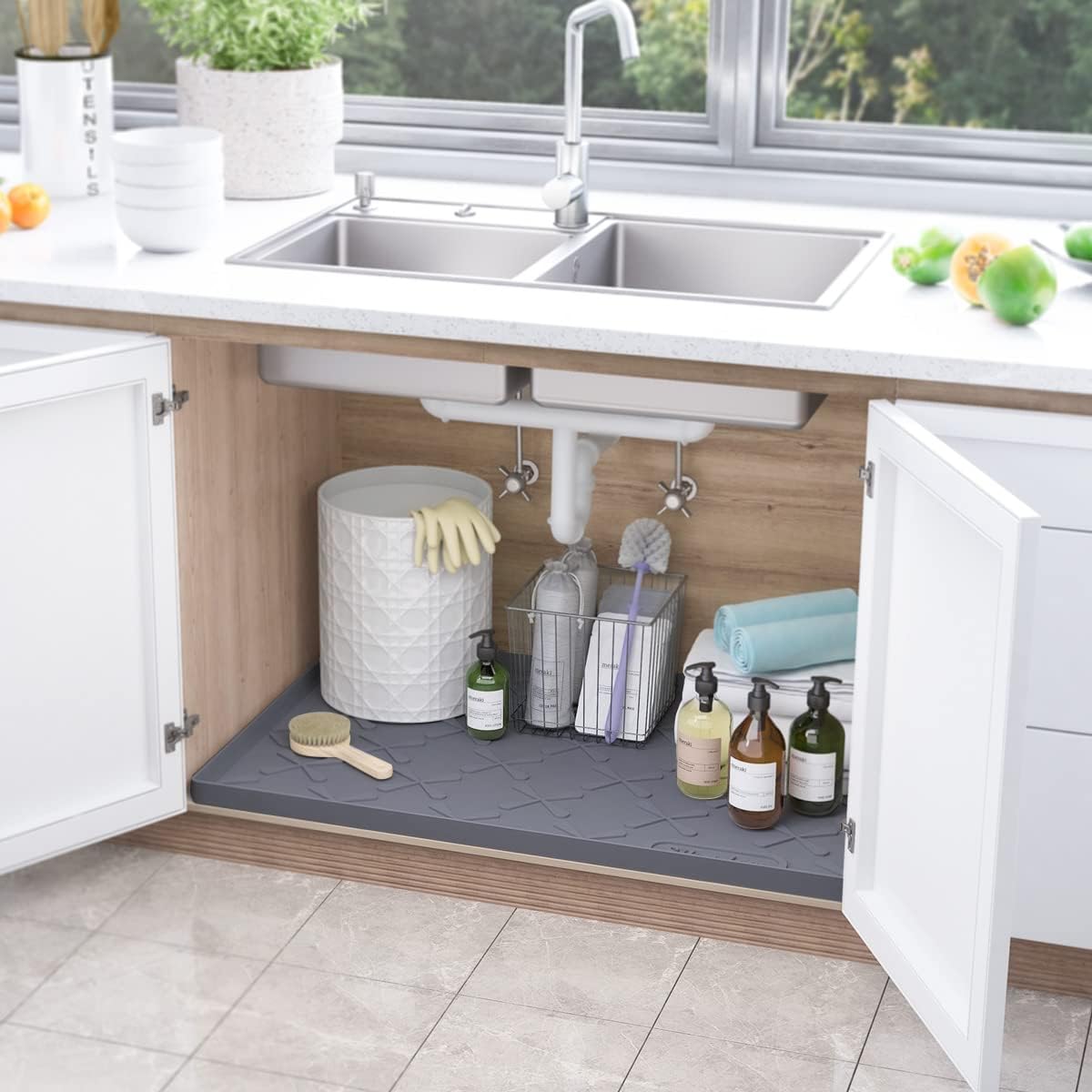 SIKADEER – Tapete para debajo del fregadero, impermeable, 34 x 22 pulgadas, tapete de silicona con borde elevado, se adapta a gabinete estándar de