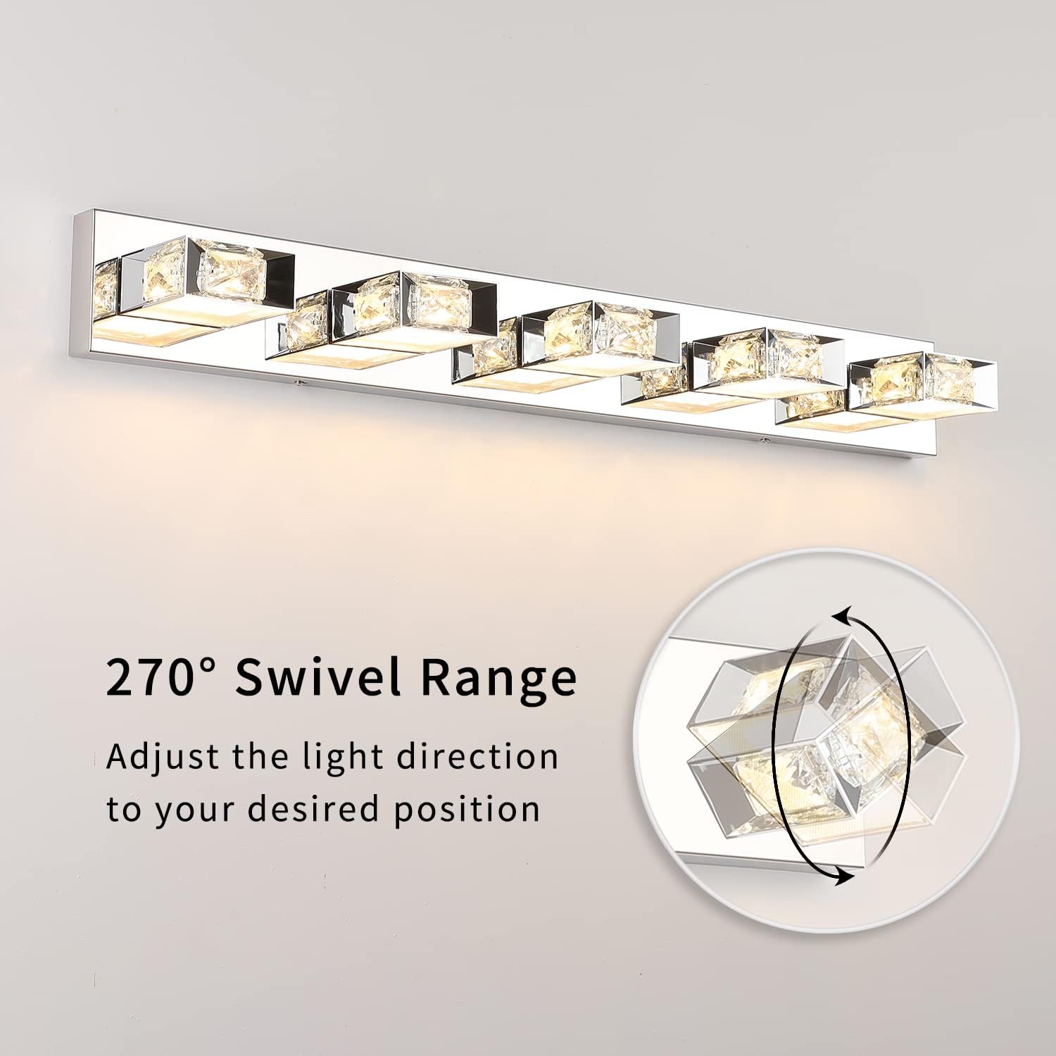 Joossnwell Lámpara de tocador de baño regulable, 5 luces, moderna iluminación LED de cristal para baño, lámpara de pared sobre espejo, 35.4 pulgadas