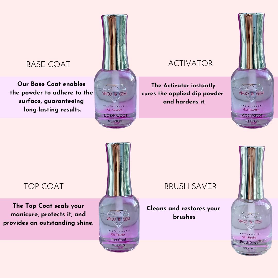 Virgo & Gem – Capa base de polvo de inmersión de 0.5 fl oz, capa superior, activador, protector de cepillo y enlace de pH (PH BOND)