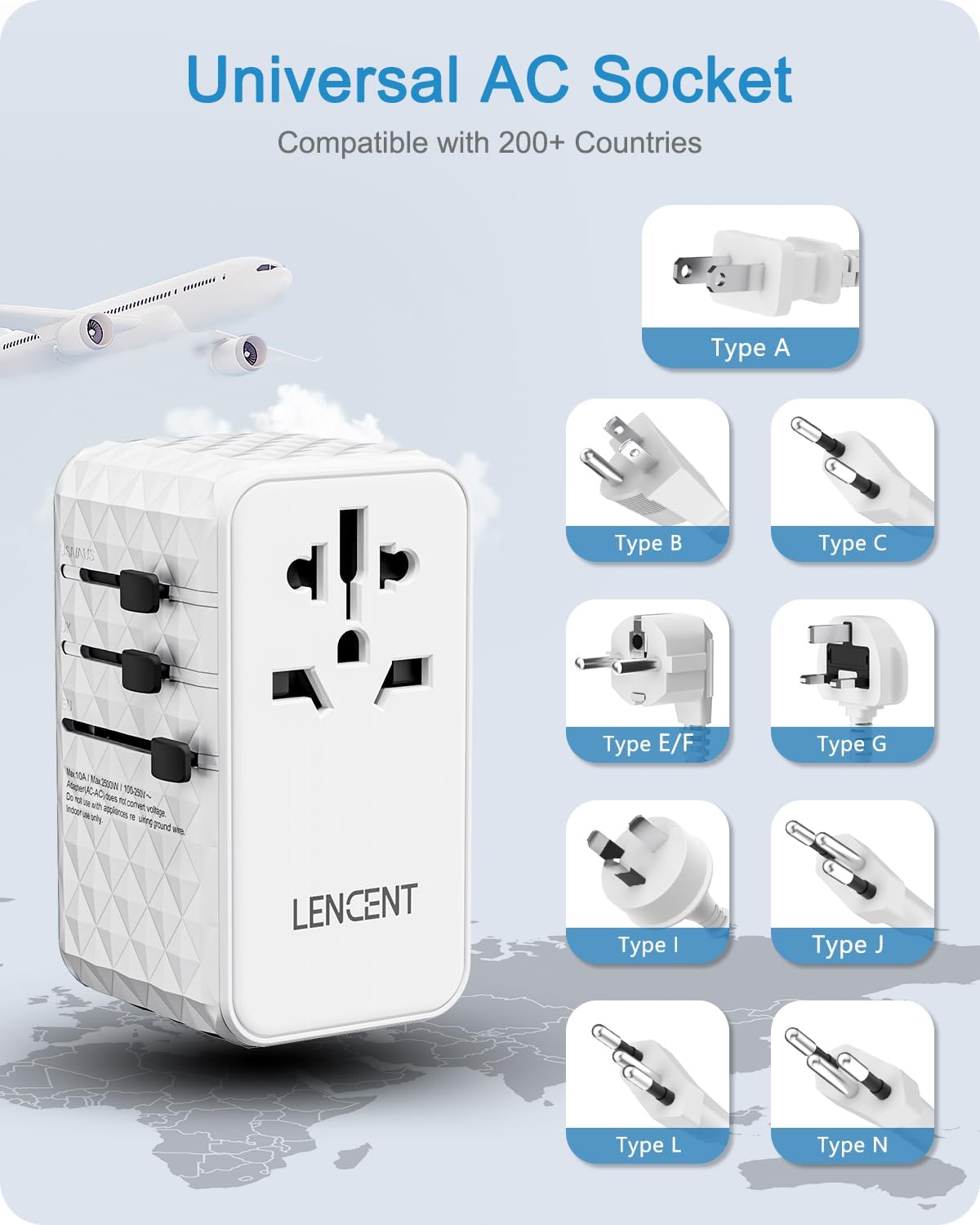 LENCENT Adaptador de viaje internacional de 100 W, adaptador de viaje universal con 2 QC USB-A y 2 adaptadores de corriente PD3.0 tipo C, carga