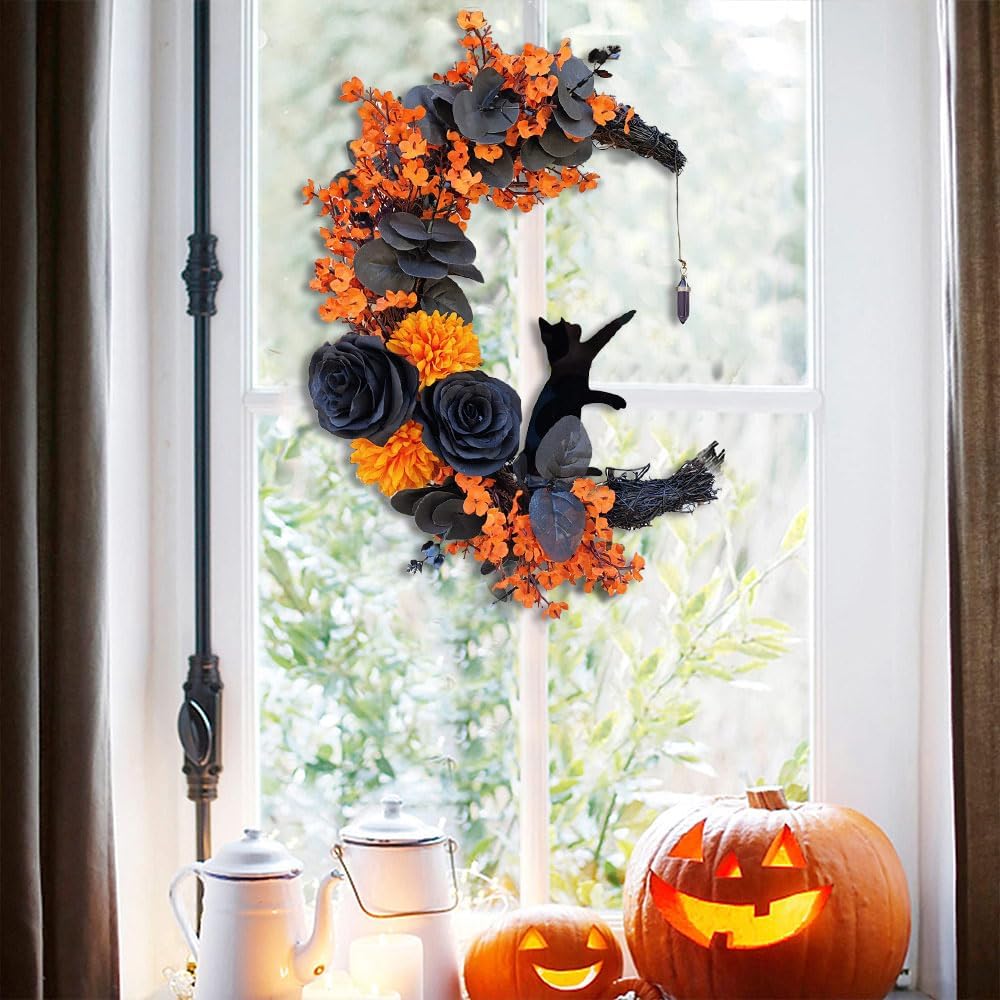 Corona de puerta de Halloween con luz, corona de gato de luna creciente con rosa, coronas de Halloween negras para decoración de pared de ventana de