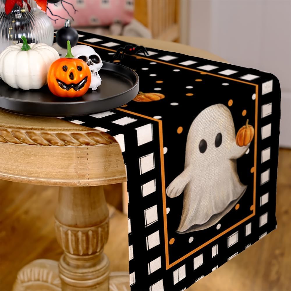 ARKENY Camino de mesa de Halloween de 13 x 48 pulgadas, calabaza, fantasma, arpillera estacional, lunares, granja, interior, cocina, comedor,
