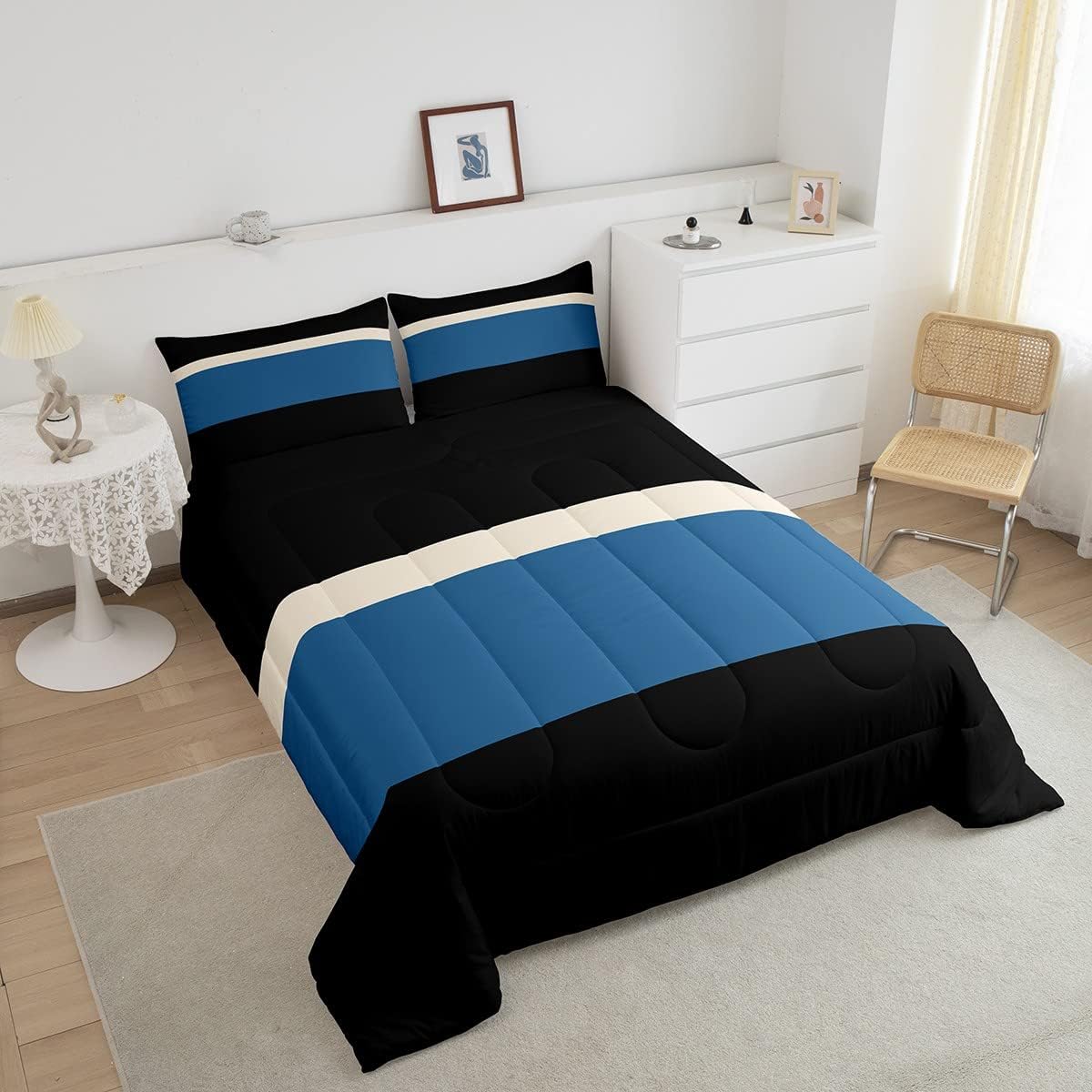 Erosebridal Juego de edredón a rayas negras y azules para niños, tamaño individual, juego de ropa de cama de rayas de retazos azul marino para