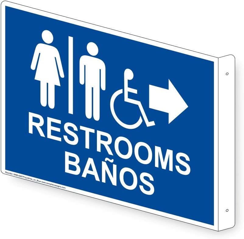 ComplianceSigns.com Letrero Baños en inglés y español, 13×10 pulgadas de aluminio azul para montaje en proyección para baños