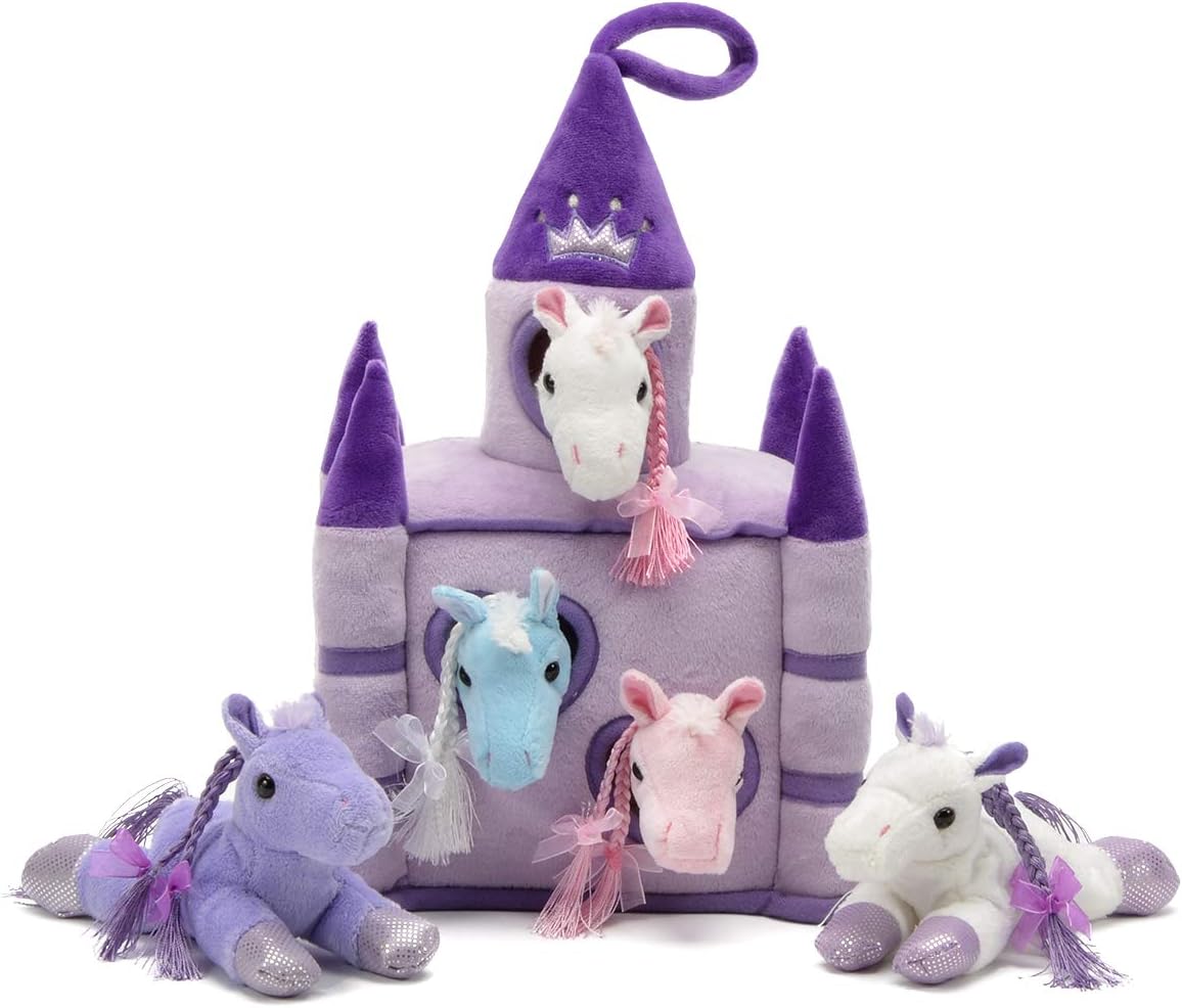 Unipak Castillo de peluche de 12 pulgadas, 5 animales de peluche en un castillo (castillo de lavanda púrpura caballos)