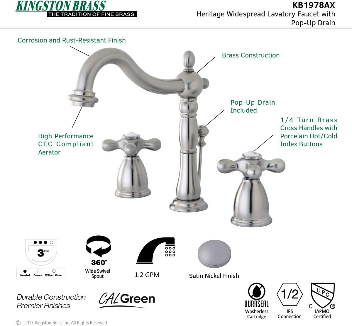 Kingston Brass KB1978AX Heritage – Grifo de lavabo con mango cruzado de metal, níquel cepillado, centro ajustable de 8 pulgadas
