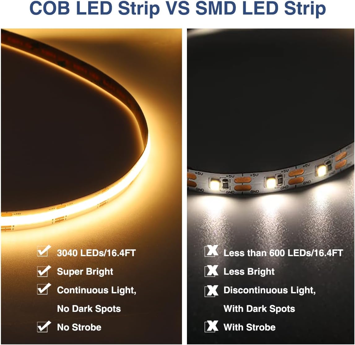Ustarus COB – Tira de luz LED blanca regulable de 16.4 pies, 24 V, 2700 K-6500 K, cinta de tira de luz COB con control remoto RF 3200 LED CRI93+