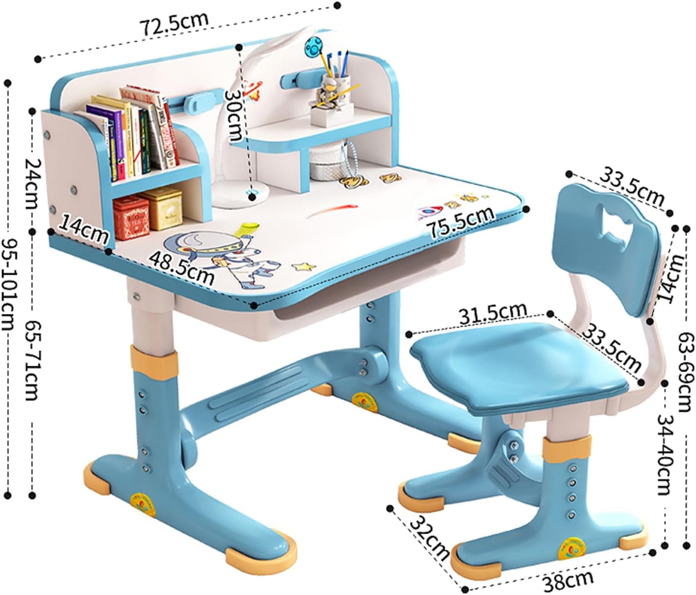 Juego de escritorio y silla para niños, escritorio de estudio para estudiantes en altura ajustable, escritorio ampliado, multiseparación, patrón de