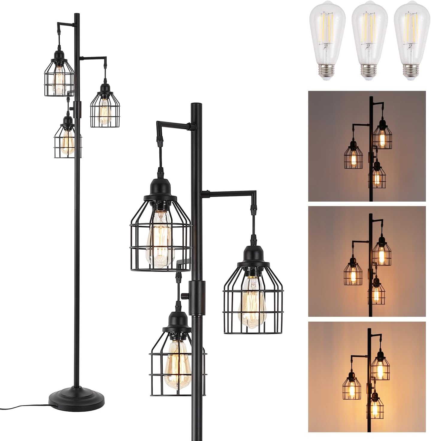 9MMML Lámpara de pie para sala de estar, lámpara de pie industrial regulable de granja, 3 luces de jaula de metal, 68 pulgadas, 3 bombillas LED