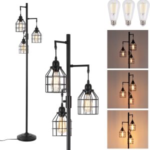 9MMML Lámpara de pie para sala de estar, lámpara de pie industrial regulable de granja, 3 luces de jaula de metal, 68 pulgadas, 3 bombillas LED 9MMML Lámpara de pie para sala de estar, lámpara de pie industrial regulable de granja, 3 luces de jaula de metal, 68 pulgadas, 3 bombillas LED