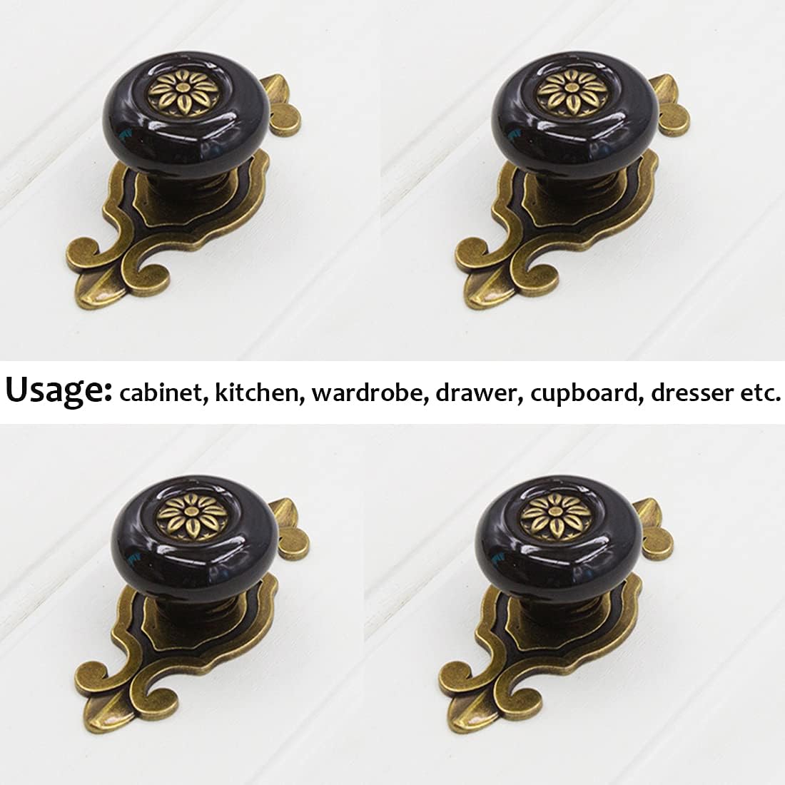Pomos de cerámica para gabinete, 4 unidades Perillas vintage elegantes para cajones de vestir con placa trasera de bronce, manijas decorativas para