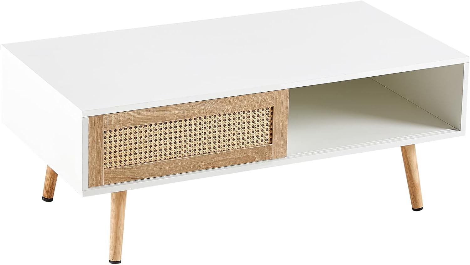 Mesa de centro de ratán para sala de estar, mesas centrales de sofá Mordern blanco, patas de madera maciza, mesa central rectangular para