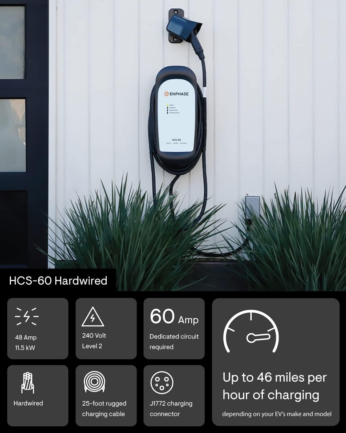 Enphase Cargador de vehículo eléctrico de nivel 2, certificado de seguridad, 48 amperios, 240 V, cableado, cable de 25 pies, J1772, compatible con