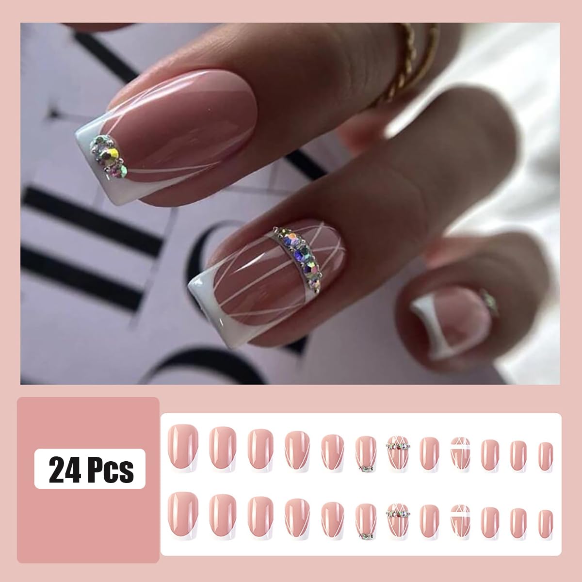 24 uñas postizas de punta francesa a presión, cuadradas, medianas, uñas blancas con purpurina, diseño de diamantes de imitación, uñas postizas de