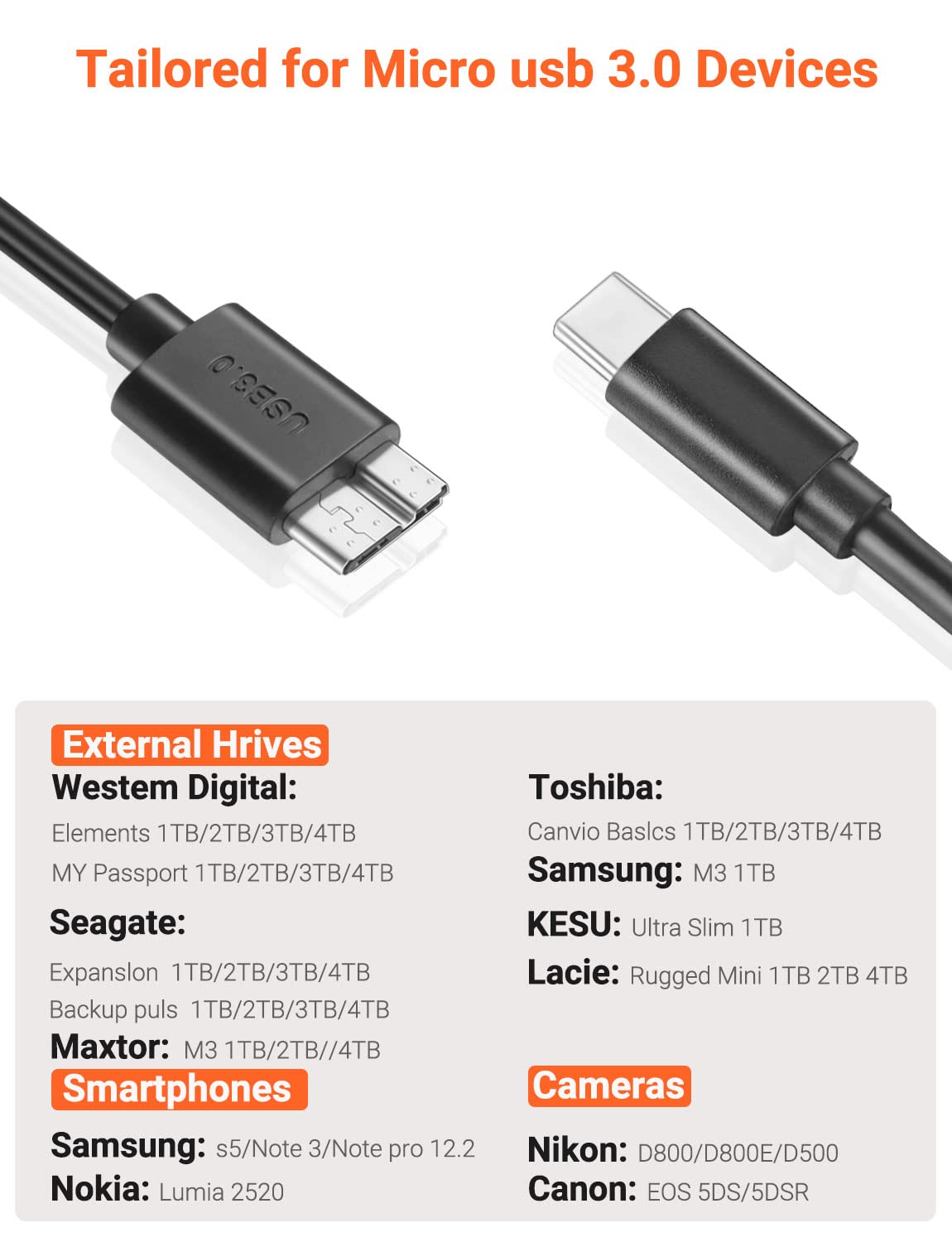 WILLIZTER Cable tipo C 3.1 a Micro B, cable de disco duro de 5 Gbps, cable de carga rápida y sincronización compatible con MacBook Pro Galaxy S20,