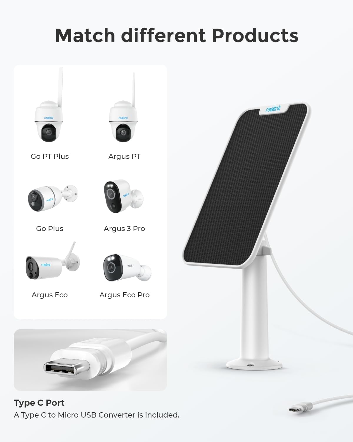 REOLINK Panel solar de 3 W diseñado para cámaras de seguridad inalámbricas para exteriores, cámaras alimentadas por energía solar, puerto tipo C de