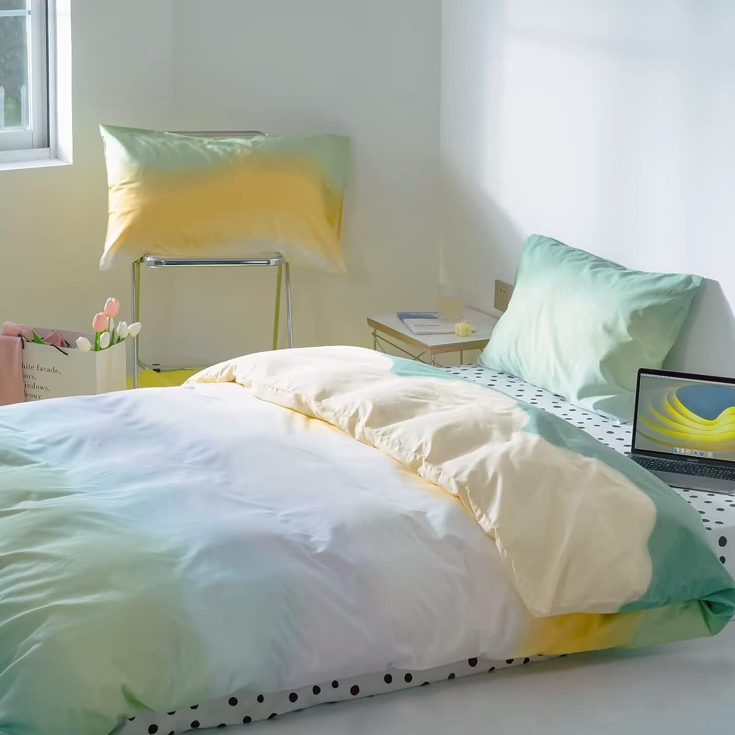 Juego de edredón verde degradado, tamaño Queen, color verde salvia y amarillo, juego de ropa de cama multicolor, amarillo y verde claro, juego de