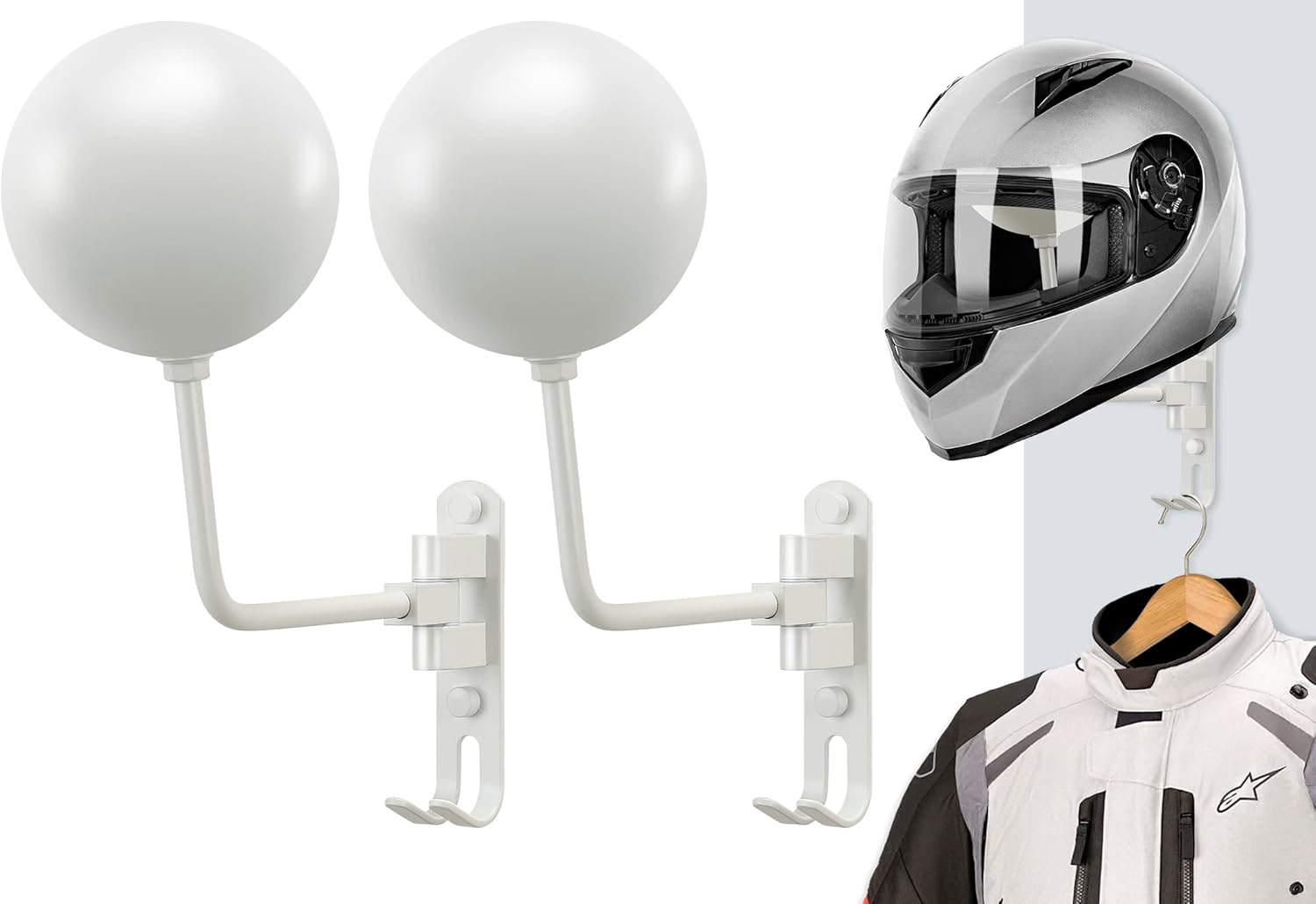 Soporte blanco para casco con 2 ganchos, soporte para casco de fútbol montado en la pared, soporte para casco de motocicleta, estante para chaqueta