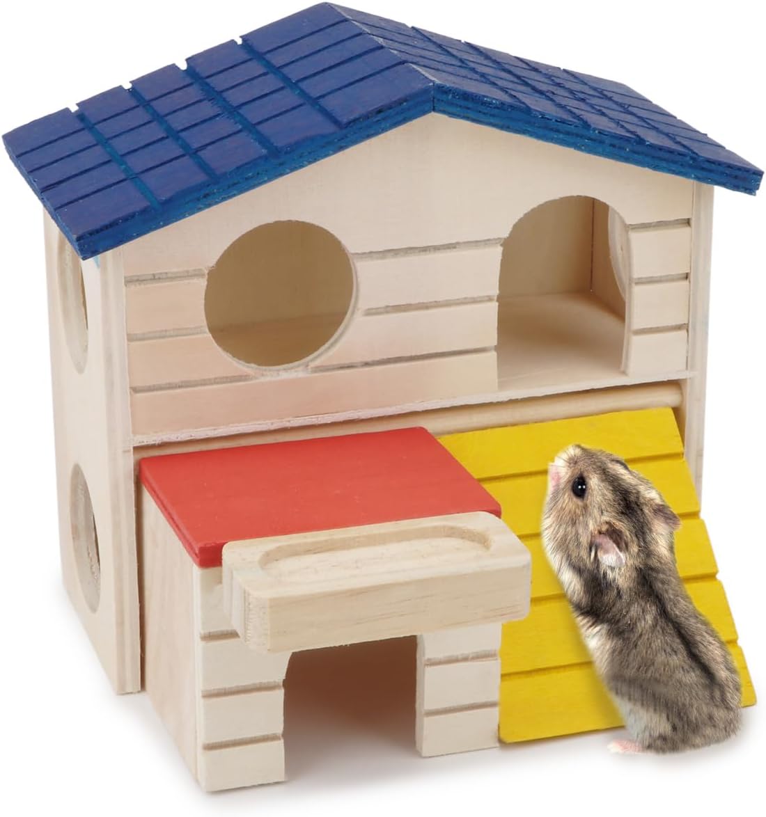 Cabaña de escondite para hámsteres pequeños Animales de dos capas Casa de madera para ratones Gerbo Rata enana Jaula de hámster Juguete de ejercicio