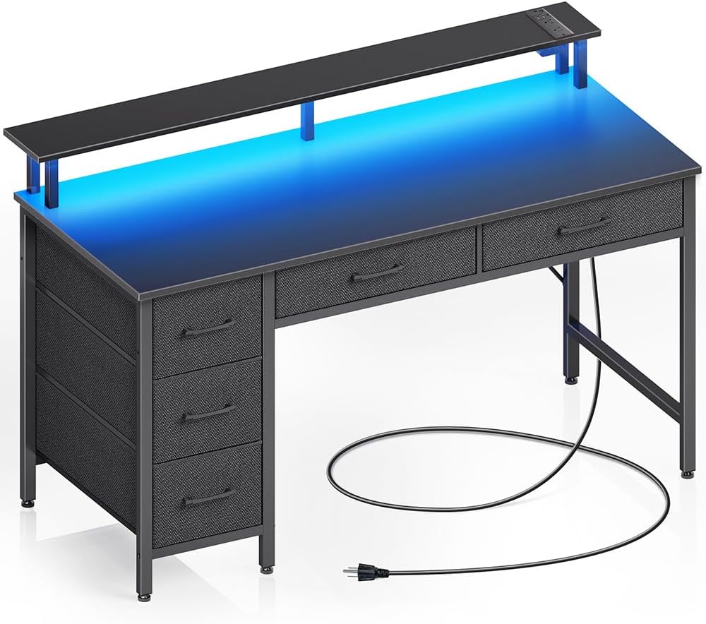 Seventable Escritorio para computadora con tomas de corriente y luz LED, escritorio de oficina en casa de 55 pulgadas con 5 cajones, escritorio con