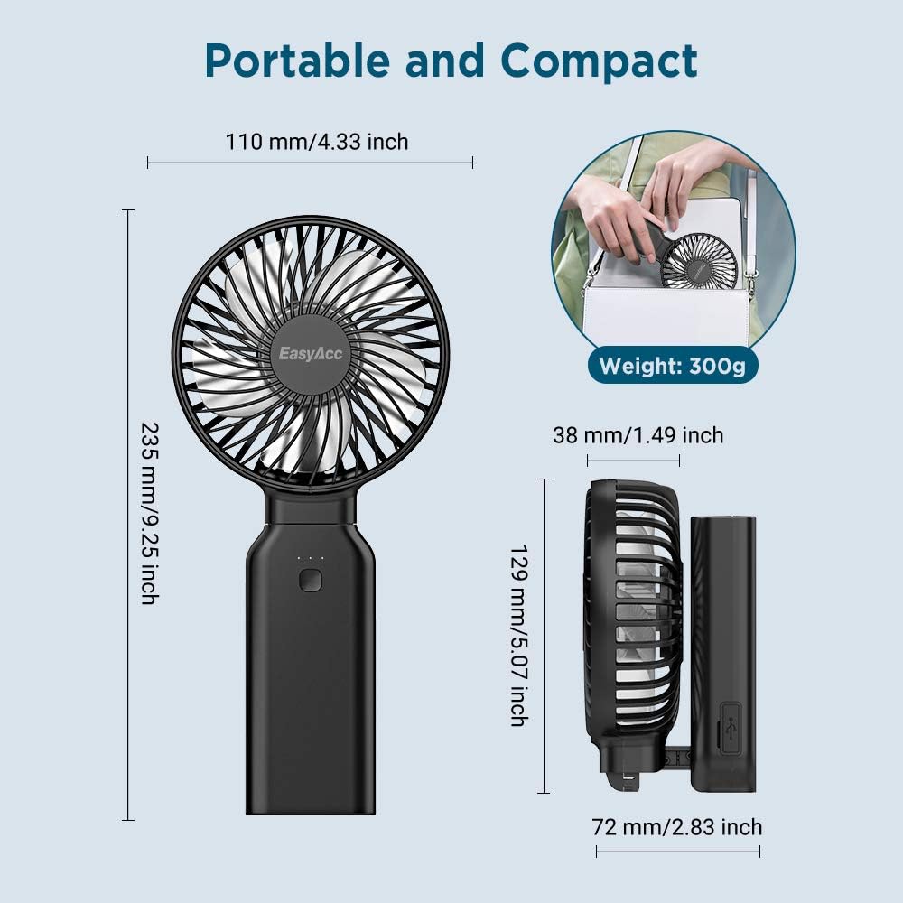 EasyAcc Handheld Fan Portable Fan, 9000 Rechargeable Battery Powered Fan Small Desk Fan, Powerful 4 Speeds 53H Cooling Time Personal Fan with Power