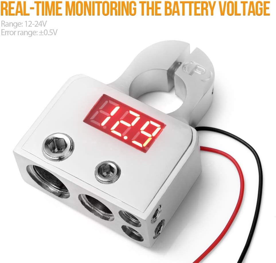 Conectores de terminal de batería de automóvil con voltímetro  048 AWG positivo negativo abrazadera de poste de batería y cuñas para automóvil,