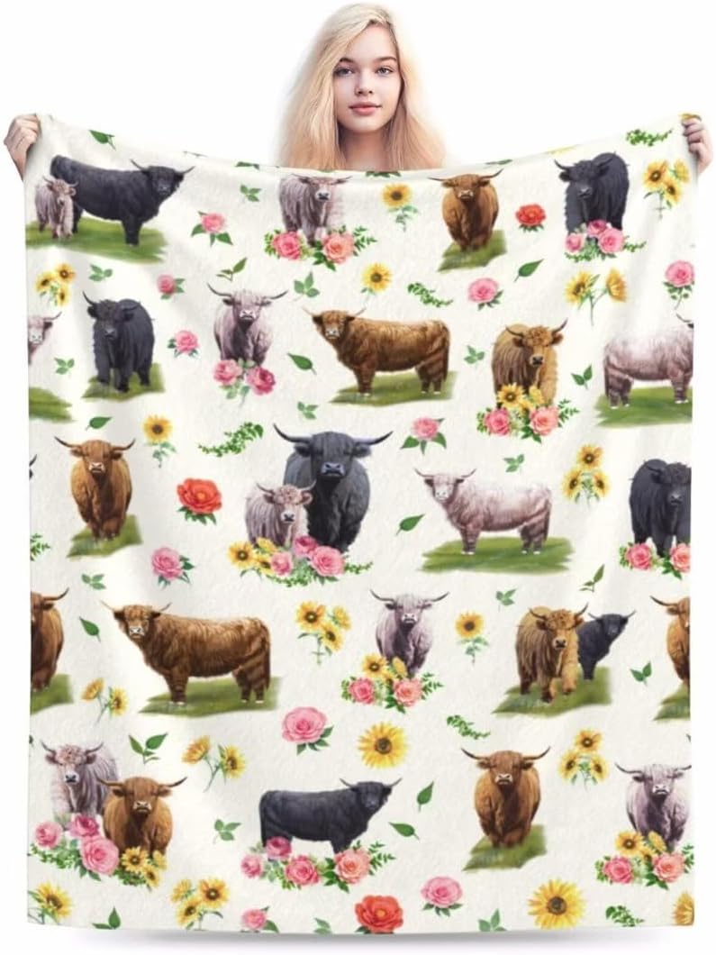RAYAPUJ Manta de vaca de las Highland, decoración de vaca de las tierras altas, regalos de vaca de animales lindos para mujeres, manta floral de