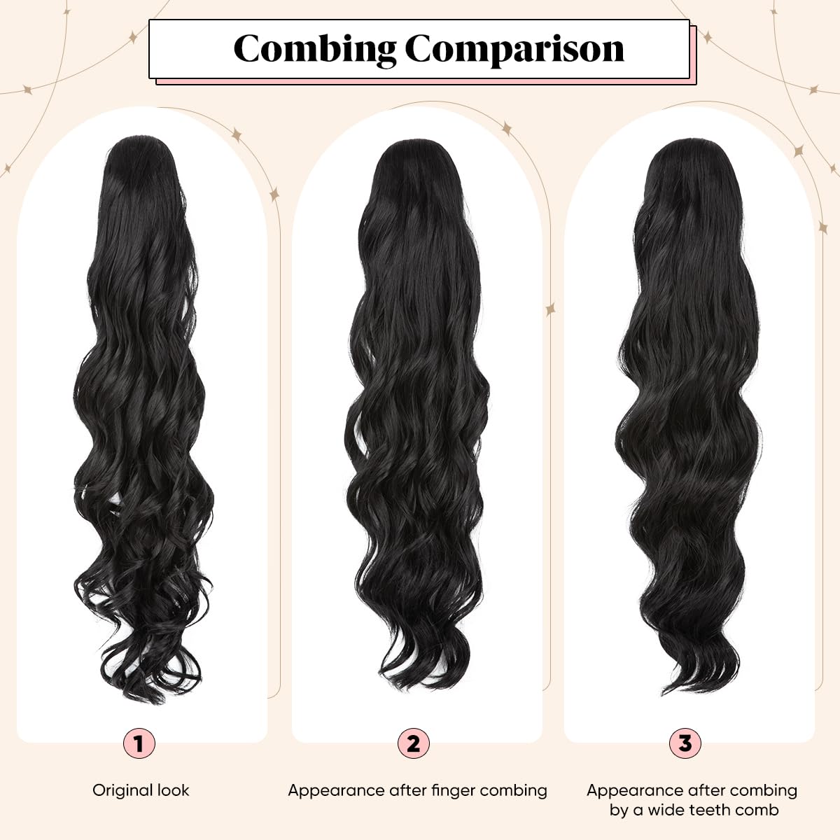 Extensiones de cola de caballo sintéticas resistentes al calor, 26 pulgadas de largo, esponjosas, onduladas, para mujer, color negro