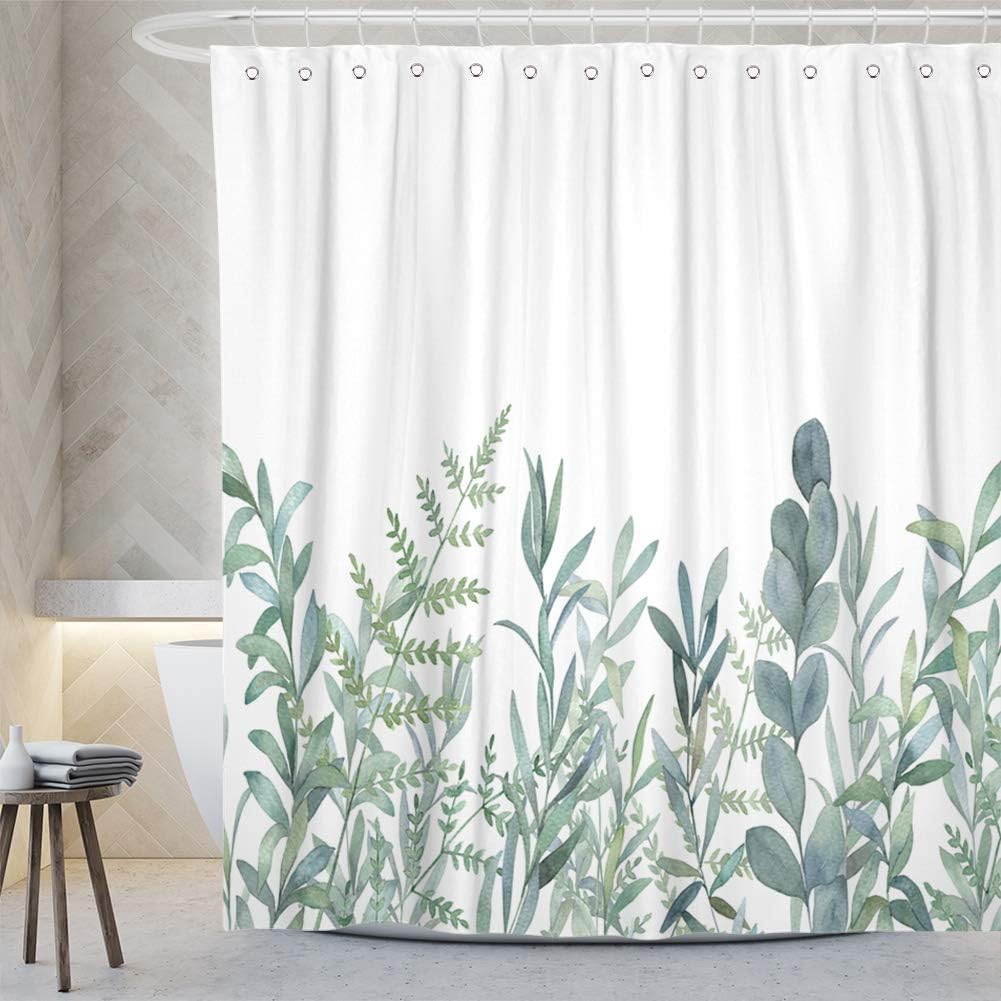 Cortina de ducha bohemia, 72 x 72 pulgadas, dobladillo pesado, impermeable y lavable, diseño decorativo de hojas de eucalipto con 12 ganchos