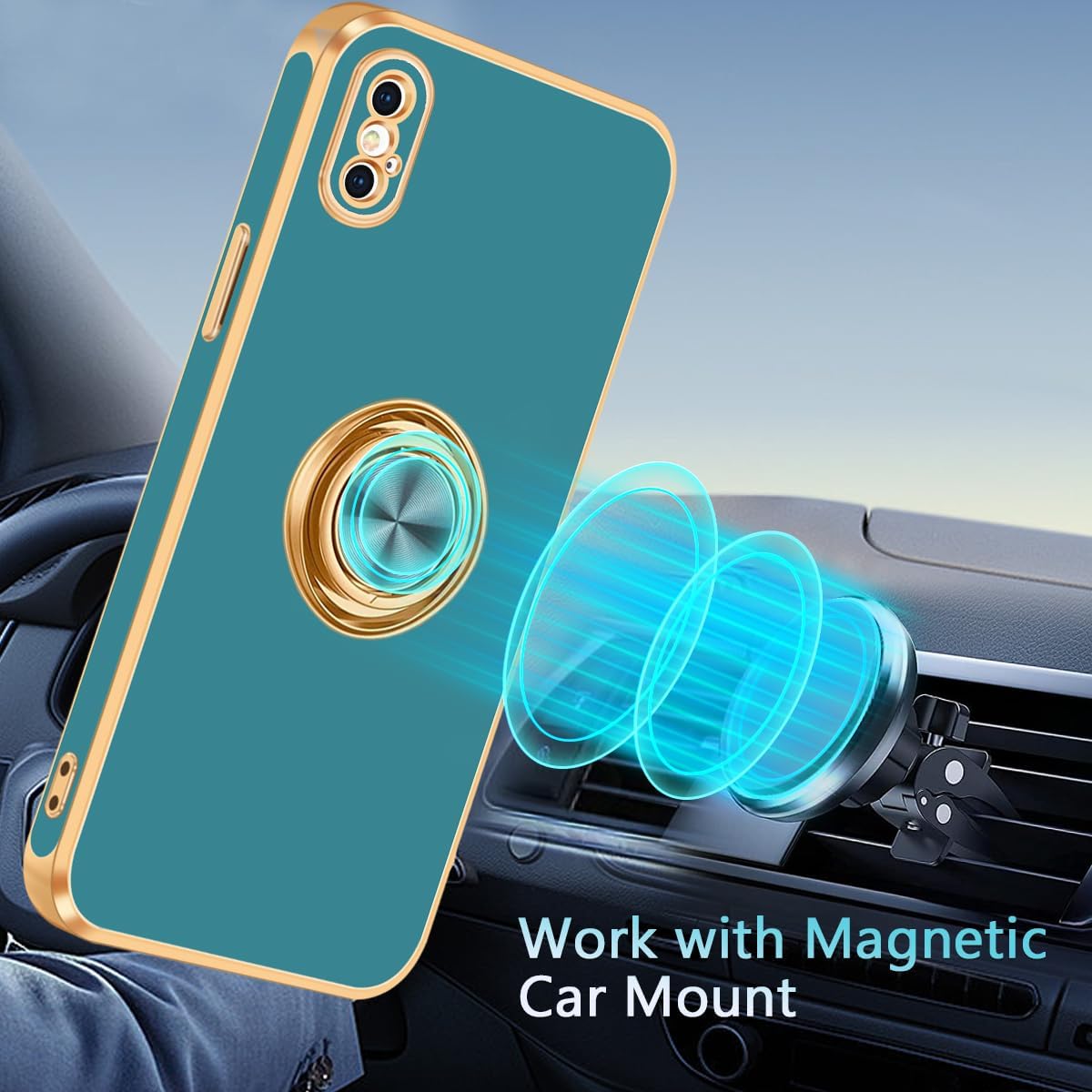 Fingic Funda para iPhone X, iPhone XS con soporte de anillo de 360 Soporte magnético giratorio con borde dorado brillante, delgada, suave TPU a