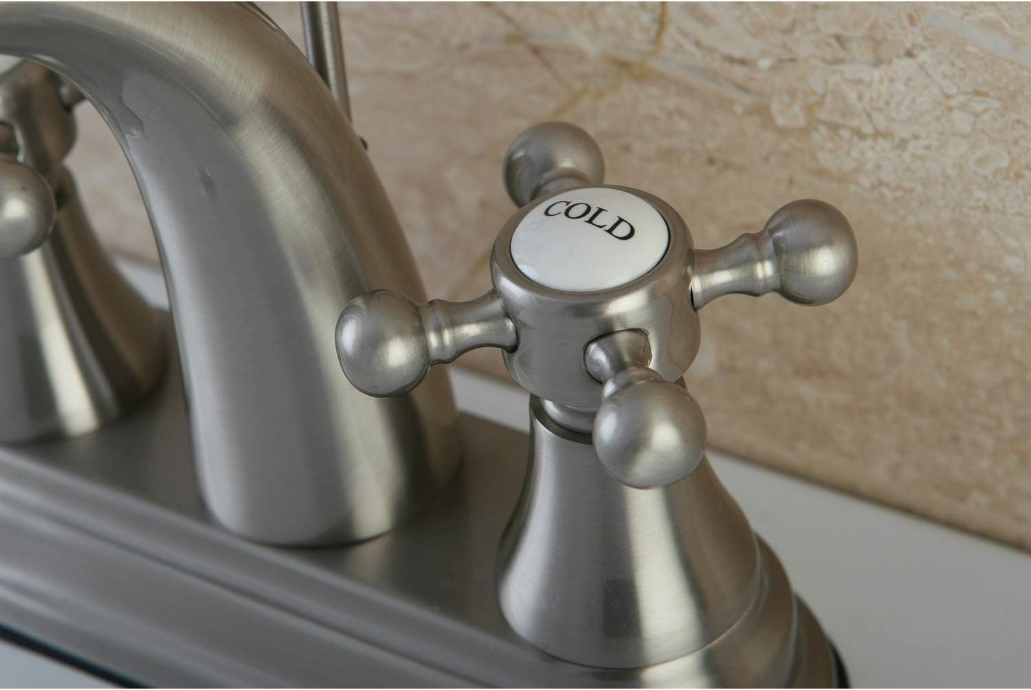 Kingston Brass KS7618BX – Grifo de lavabo vintage inglés con ventana emergente de latón, 4 pulgadas, níquel cepillado