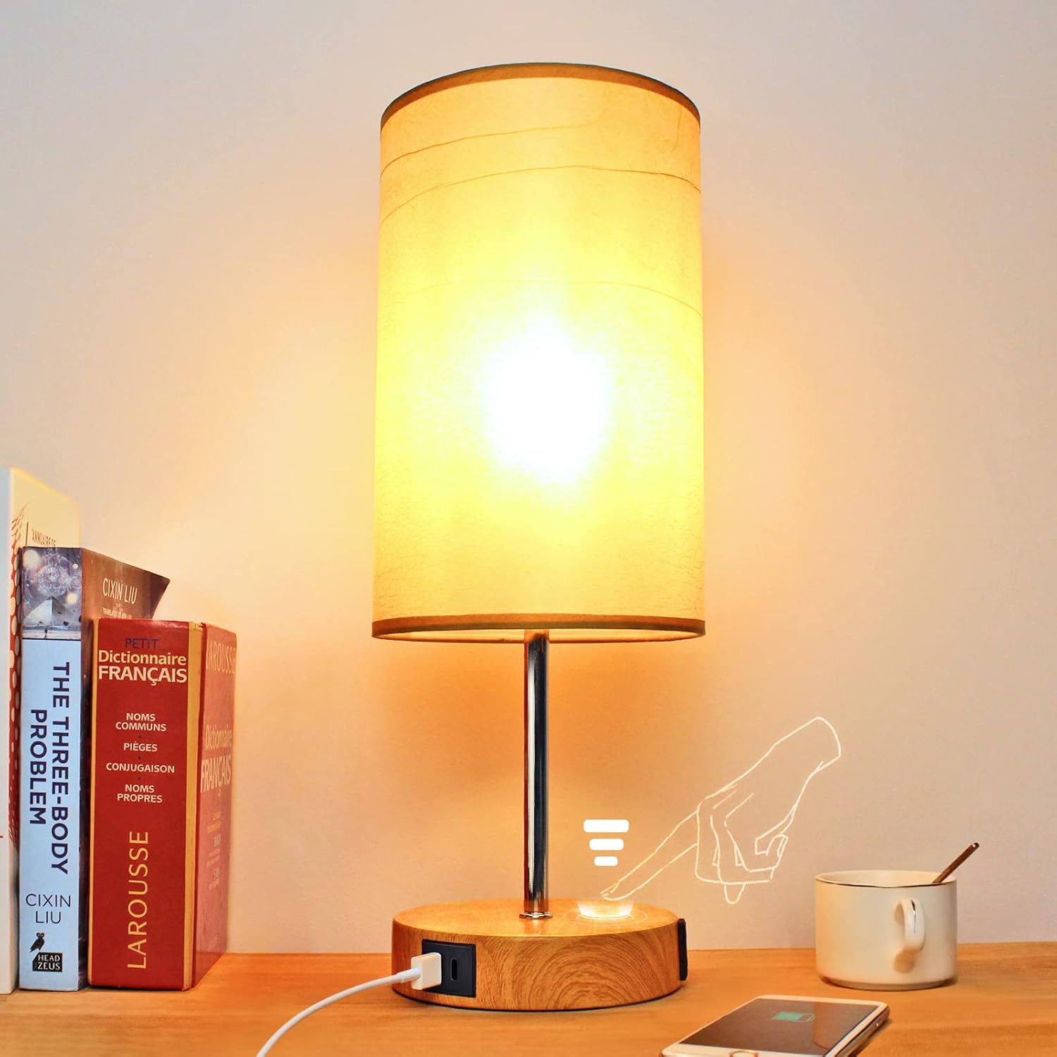 Lámpara de mesita de noche de 15.75 pulgadas con control táctil, puertos de carga USB A+C y salida de CA, mesa de noche regulable de 3 vías, luz LED