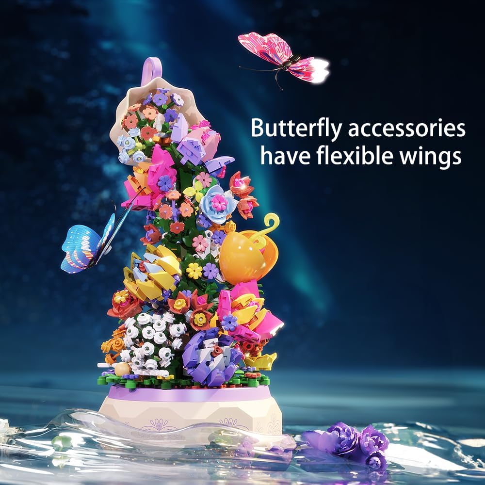 Mesiondy Juego de flores de construcción, caja giratoria de música de flores, con luz, con mariposas, regalo de cumpleaños, kits de construcción de
