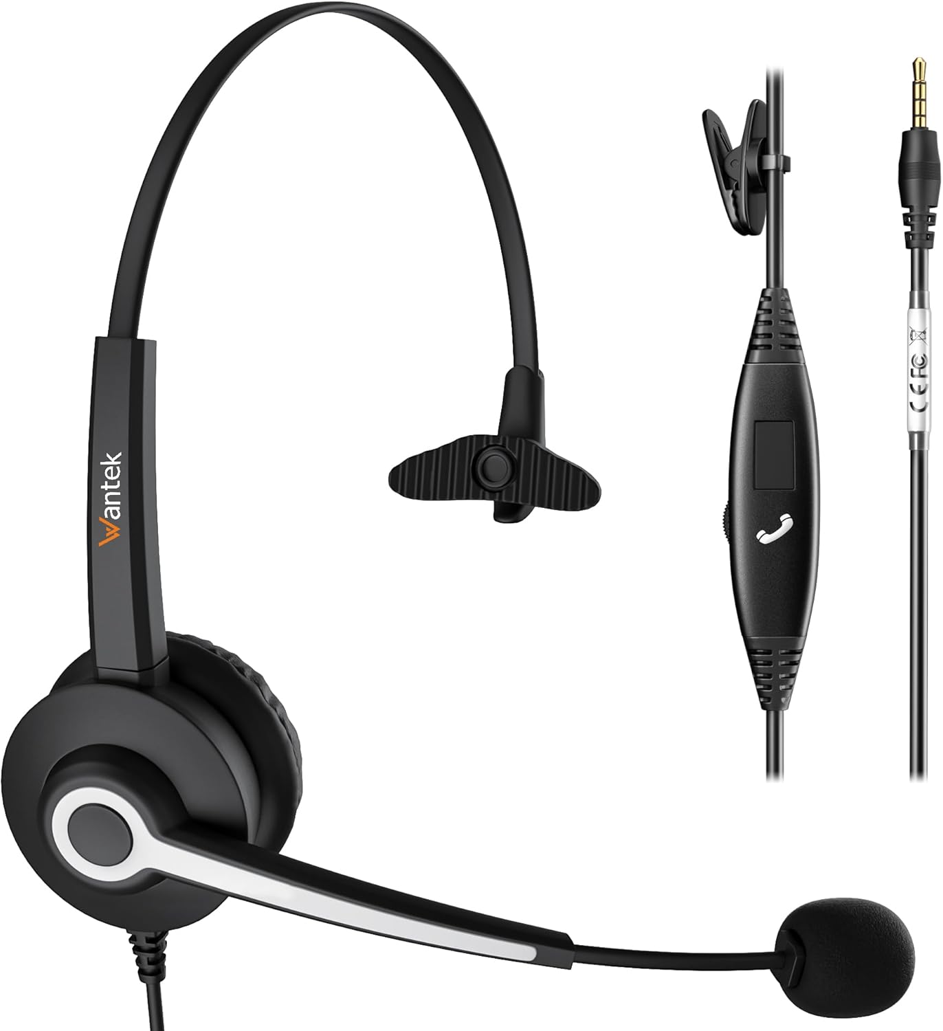 Wantek Auriculares para teléfono celular con micrófono con cancelación de ruido, auriculares de computadora con cable de 0.138 in para PC, portátil,