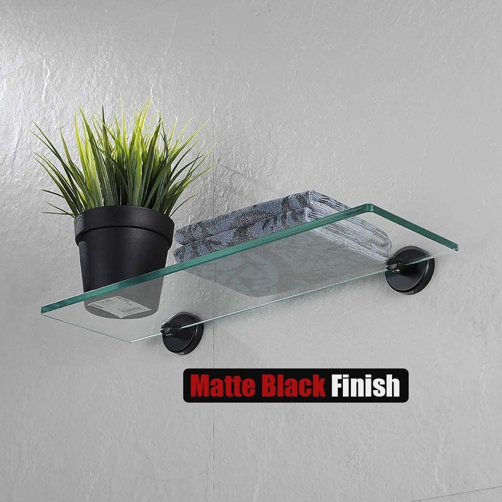 JQK Estante de vidrio para baño negro, almacenamiento de ducha de vidrio templado de 16 x 5 pulgadas, montaje en pared negro mate de acero