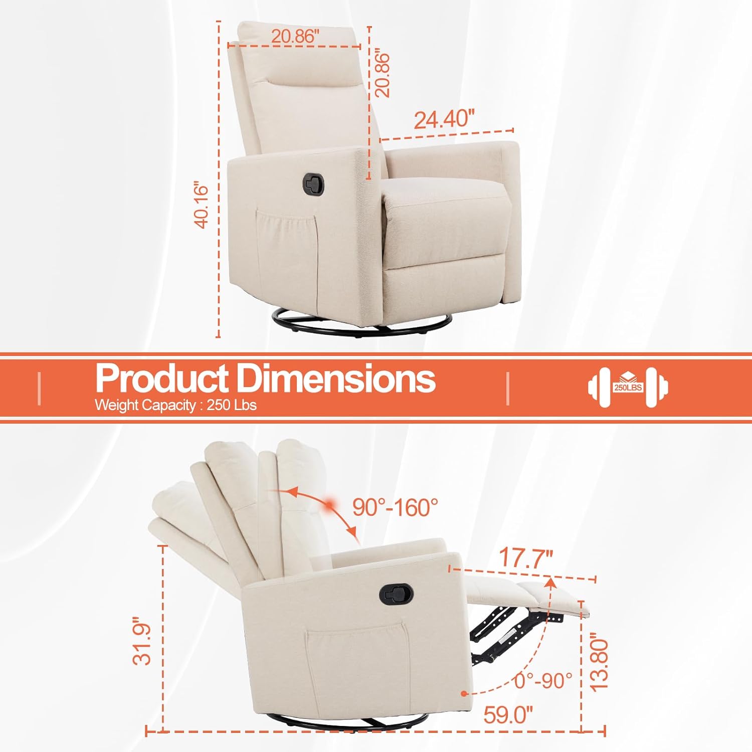Sweetcrispy Mecedora giratoria reclinable, silla de guardería para sala de estar con reposapiés extragrande, respaldo alto, asiento profundo