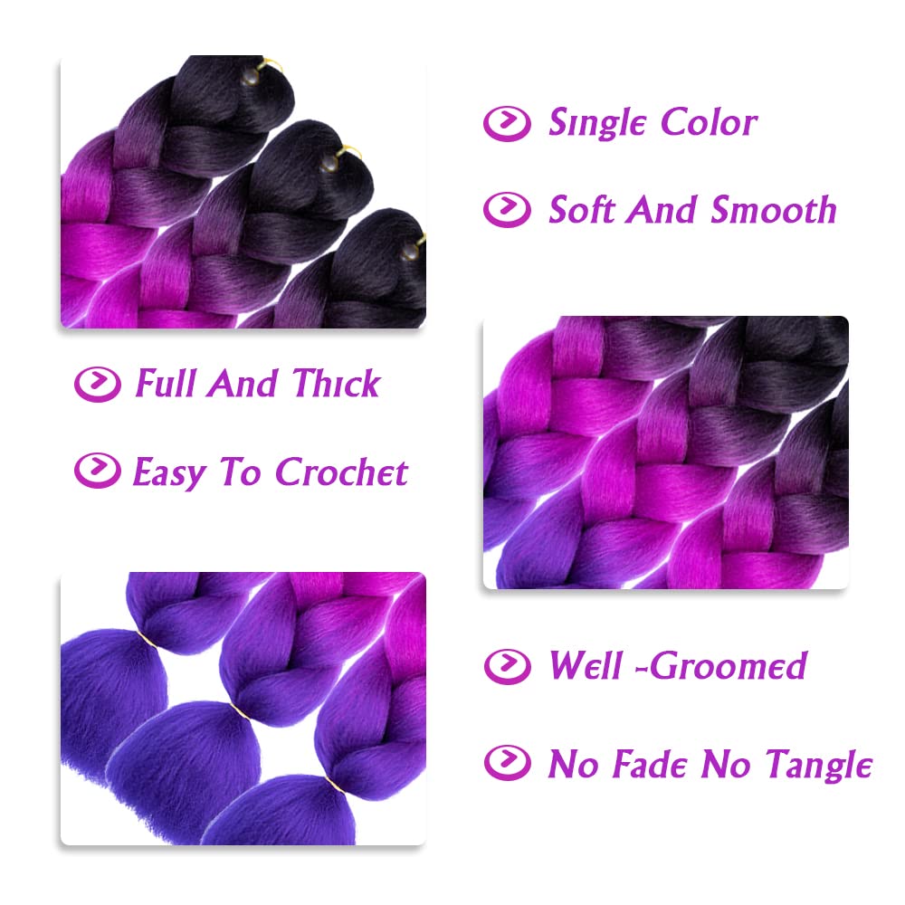 Extensiones de cabello trenzado ombré de 24 pulgadas, 3 paquetes de 3 paquetes de cabello sintético de alta temperatura colorido Jumbo trenzado de