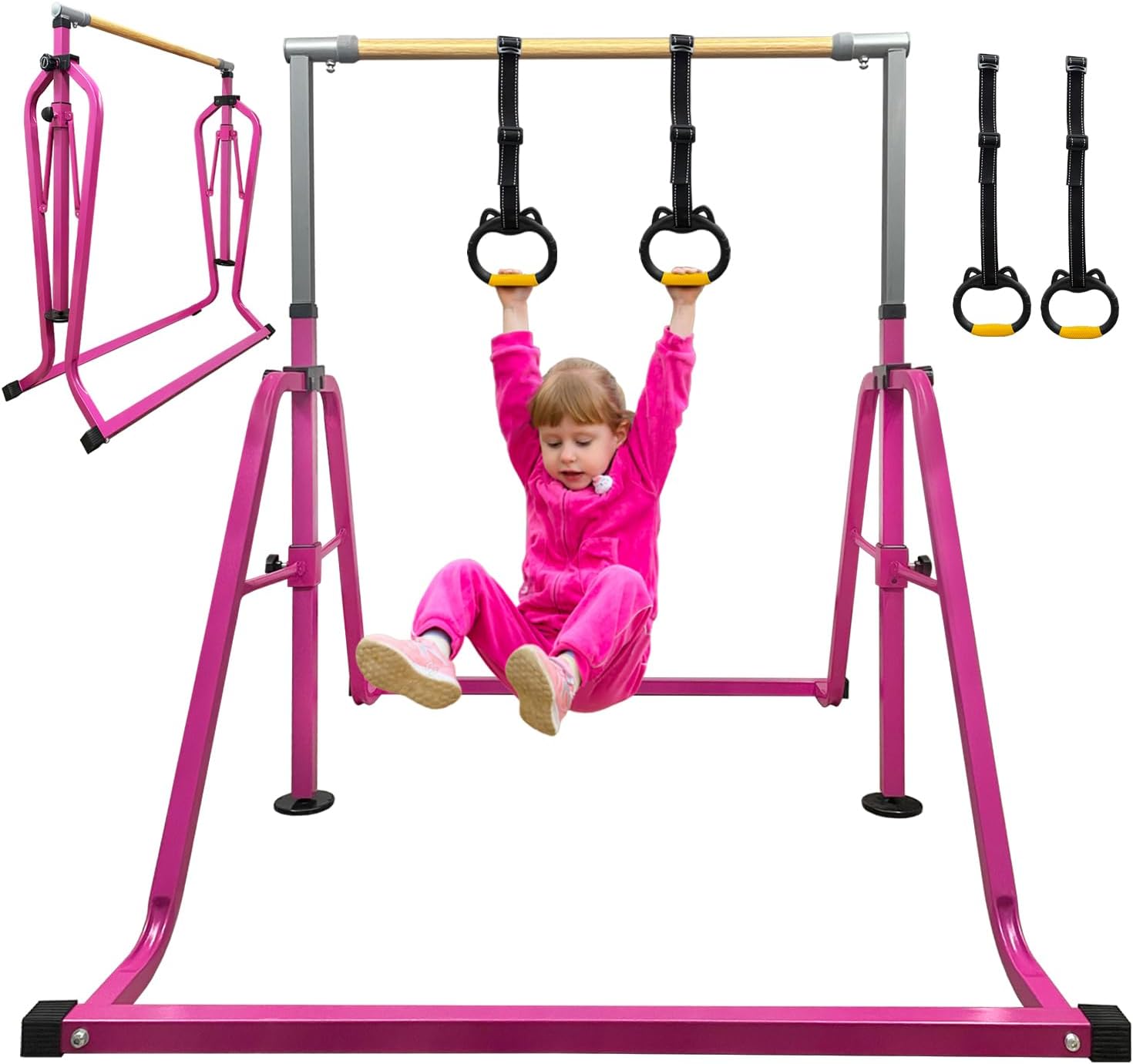 Barra de gimnasia, altura ajustable de 3 a 5 pies y equipo de gimnasia plegable para niños de 3 a 15 años, ideal para entrenamiento en interiores y