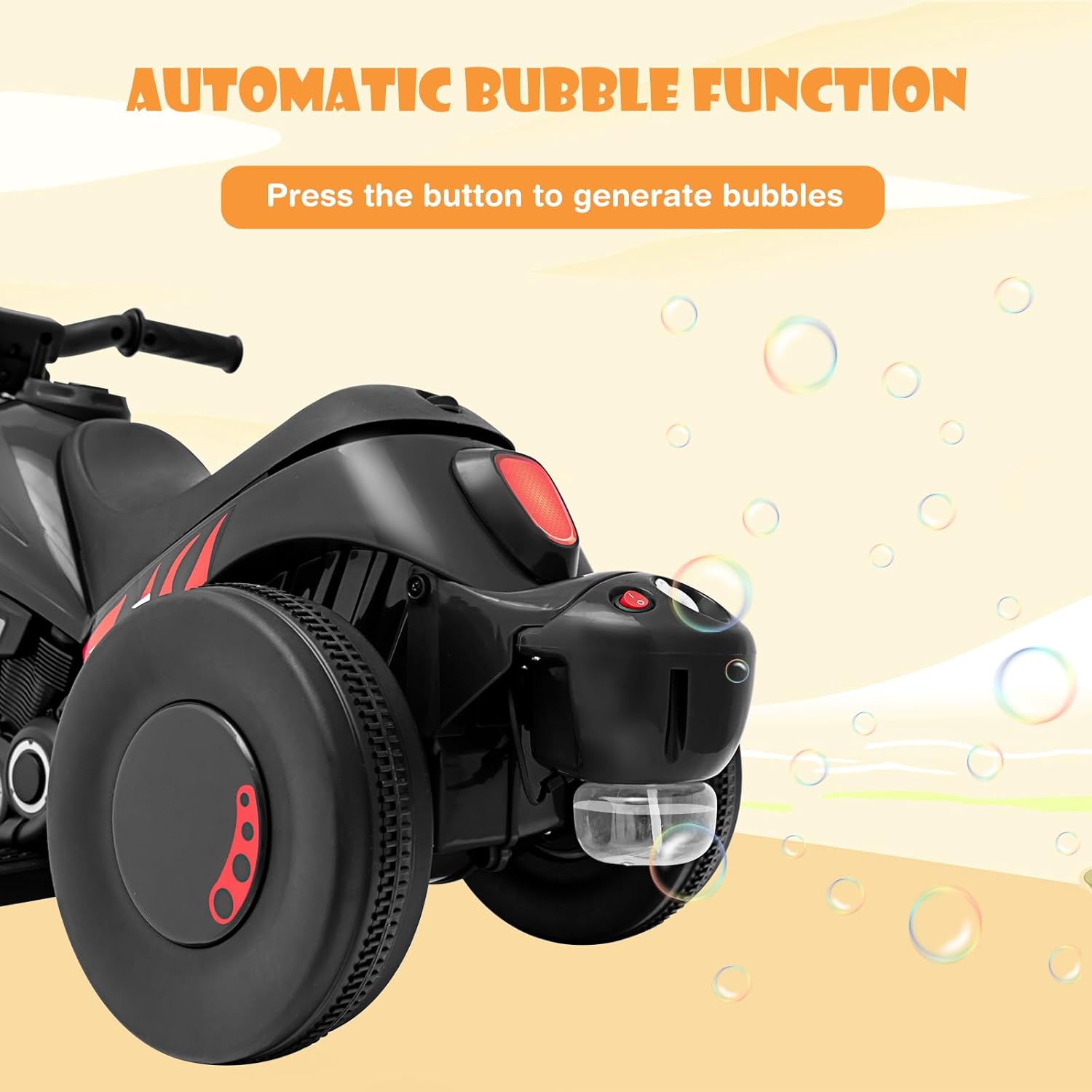 OLAKIDS Motocicleta para niños, automóvil eléctrico de 6 V con función automática de burbujas, pedal de pie, faro, música, 3 ruedas antideslizantes