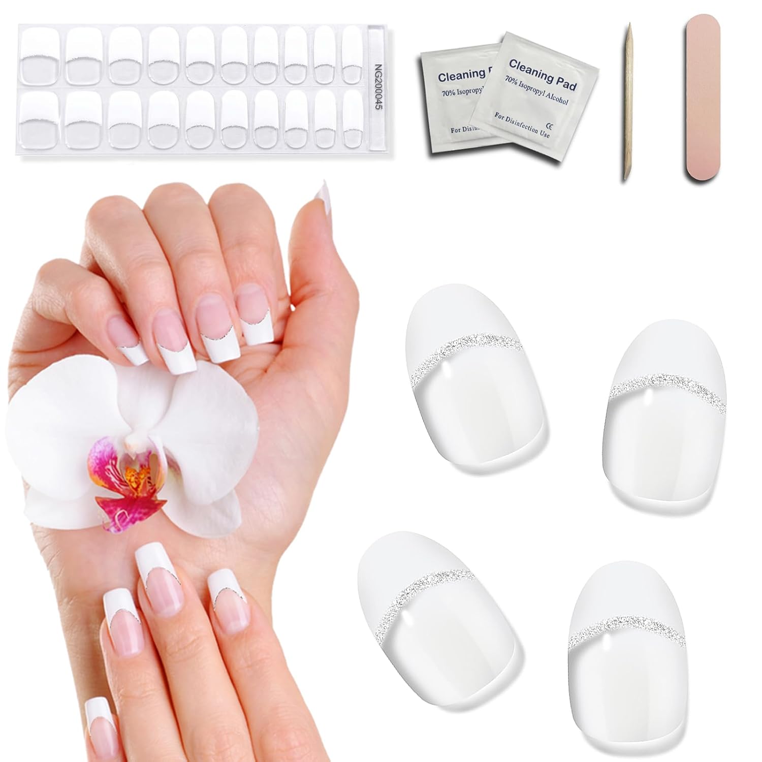 Tiras de uñas de gel semicuradas, puntas de uñas francesas, 20 piezas de calcomanías de uñas de gel con purpurina plateada, funcionan con lámpara de