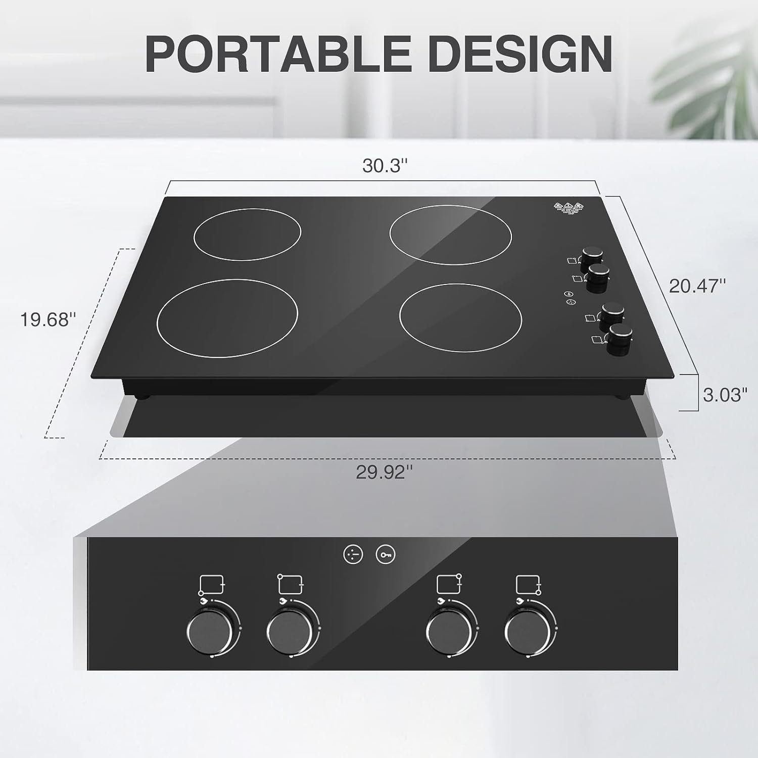 Placa de inducción de 30 pulgadas, estufa eléctrica superior de 4 quemadores, quemador eléctrico POTFYA integrado, control de perilla de 220 V,