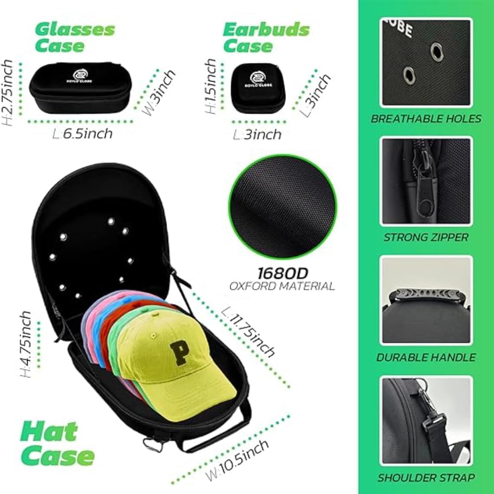 ROYLO GLOBE Estuche de viaje para gorras de BaseBall – Soporte de sombrero para viajar con auriculares y funda de gafas de sol – Caja de