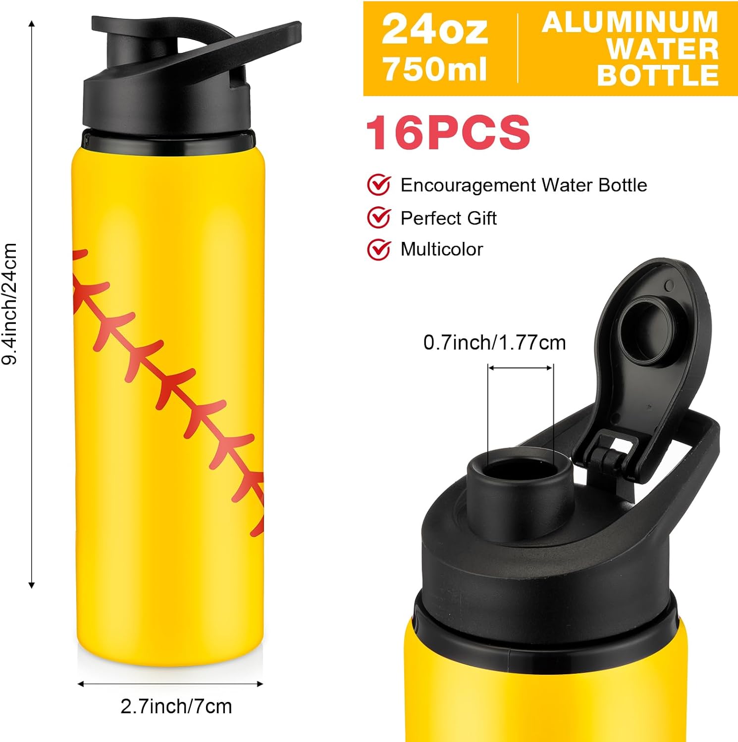 Yaomiao 16 botellas de agua de sóftbol de regalo de softbol, botella de agua de aluminio, tapa a presión, botellas reutilizables a prueba de fugas,