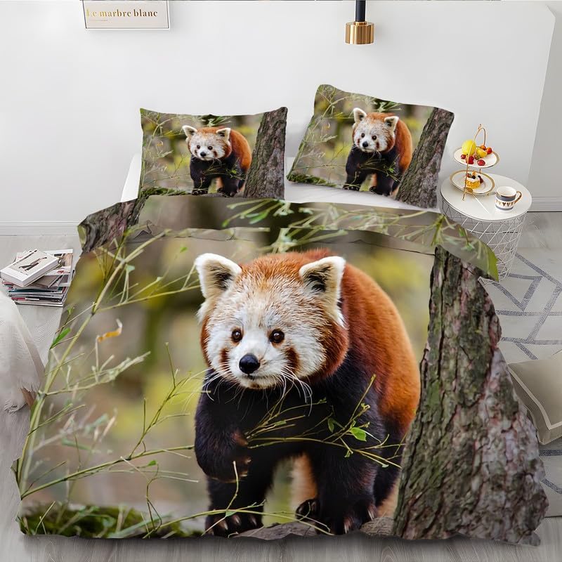 Juego de funda de edredón con estampado de panda rojo y marrón claro, juego de ropa de cama tamaño King, funda de edredón de microfibra suave y 2