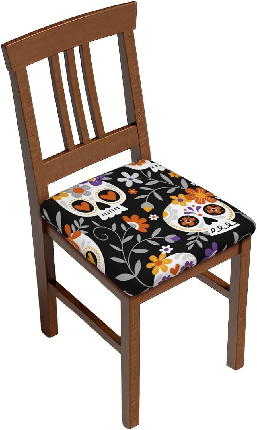 Juego de 4 fundas de cojín para sillas de comedor de calaveras y flores, extraíbles y lavables, fundas para sillas de comedor, reutilizables, para