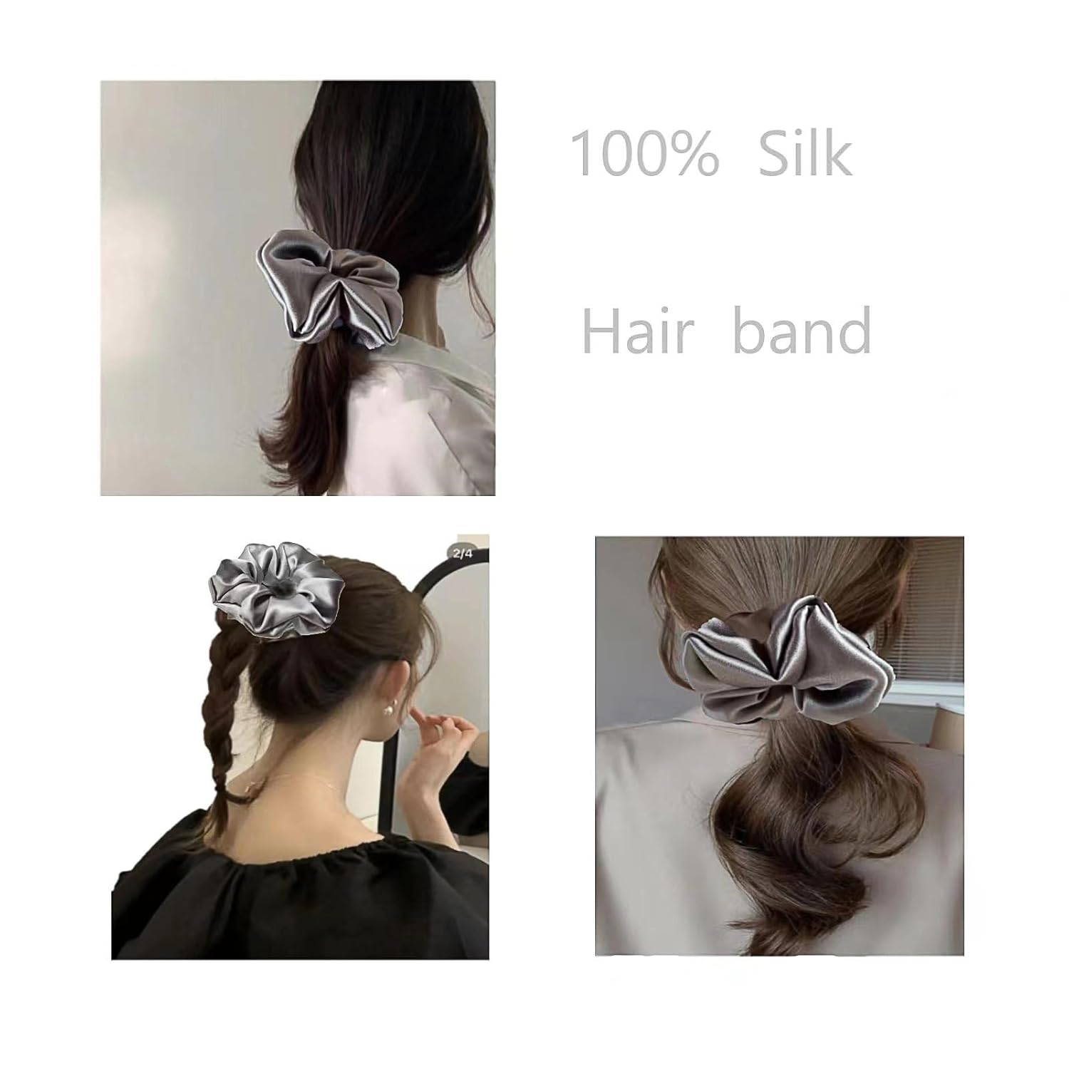 Coleteros de seda de morera para cabello en gris plateado, grande, 100% pura seda de morera de 22 mommes, soporte para coleta de caballo – Coleteros